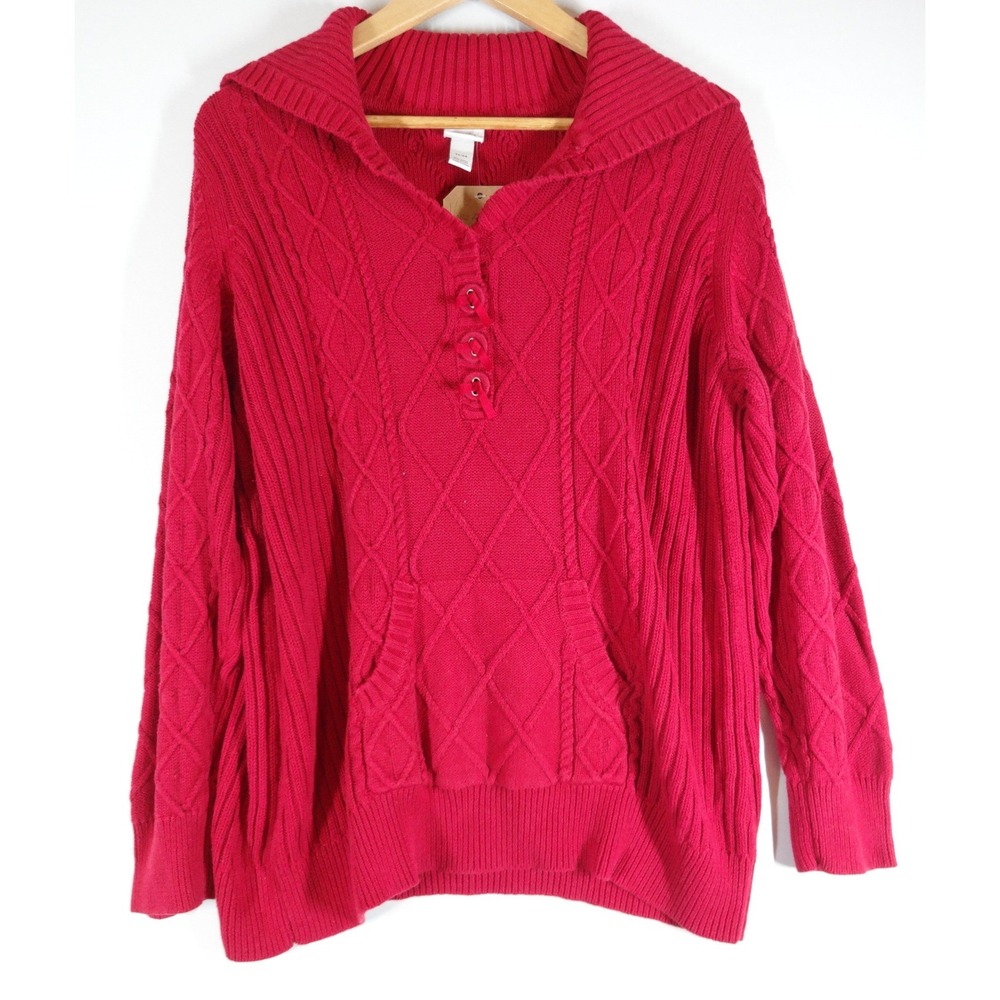 Venezia Cable Knit Sweater Womens 22/24 Red Lace Up Henley Vintage Grandmacore
